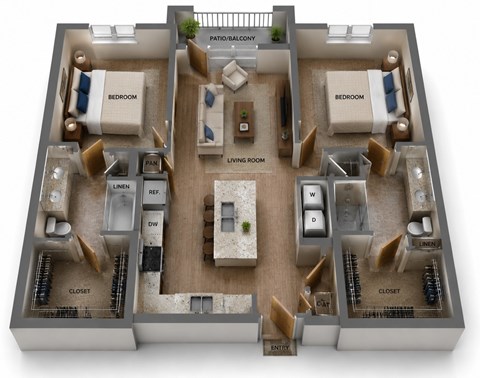 Floor plan for 2 beds, 2 baths, 1080 sqft